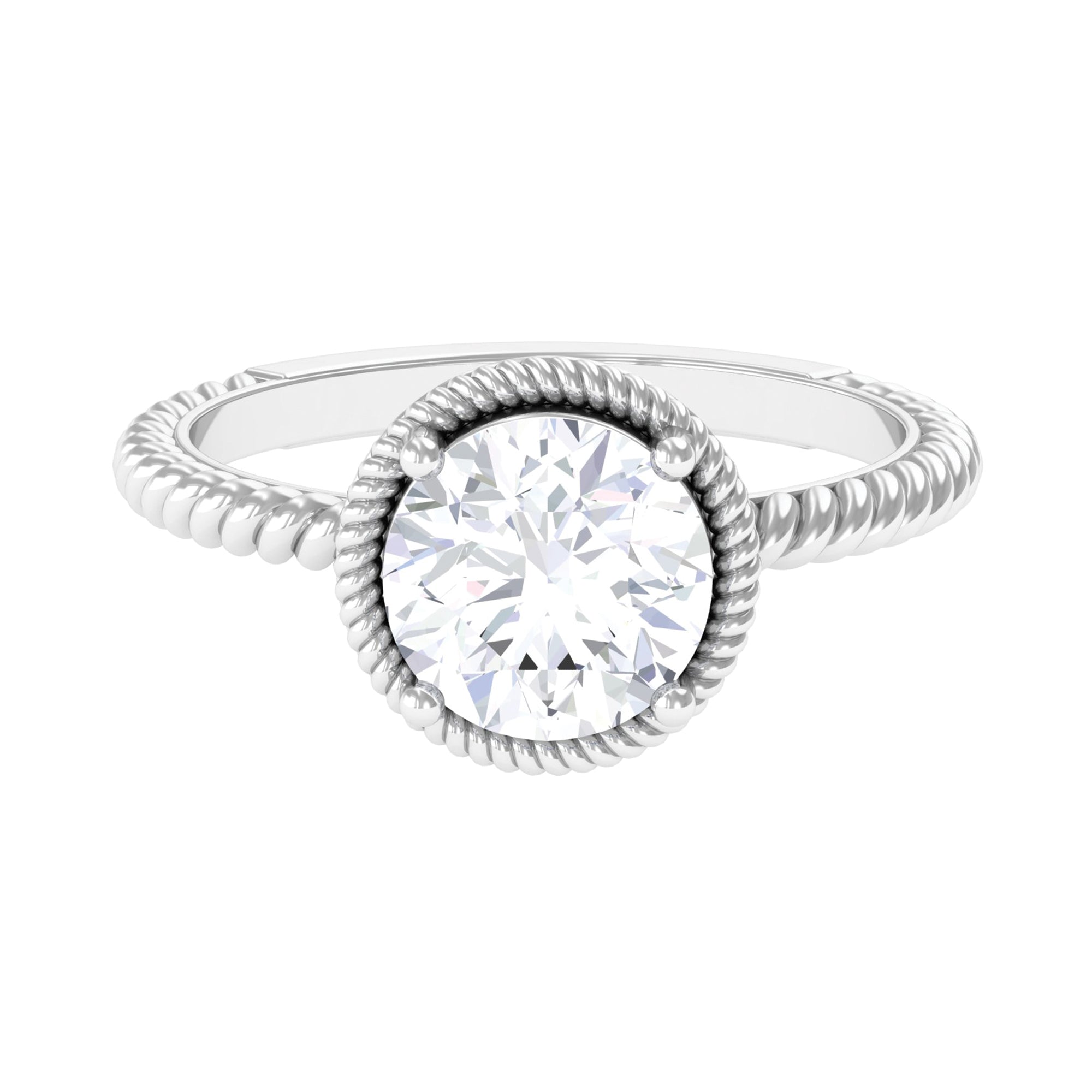 8 MM Round Moissanite Solitaire Ring in Prong Setting with Rope Frame Moissanite - ( D-VS1 ) - Color and Clarity - Rosec Jewels