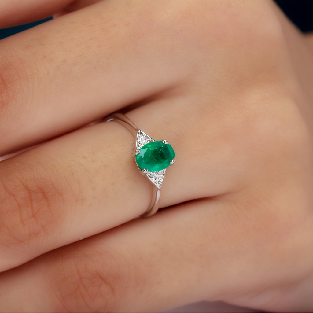 3/4 CT Oval Emerald Engagement Ring with Diamond Trio Emerald - ( AAA ) - Quality - Rosec Jewels