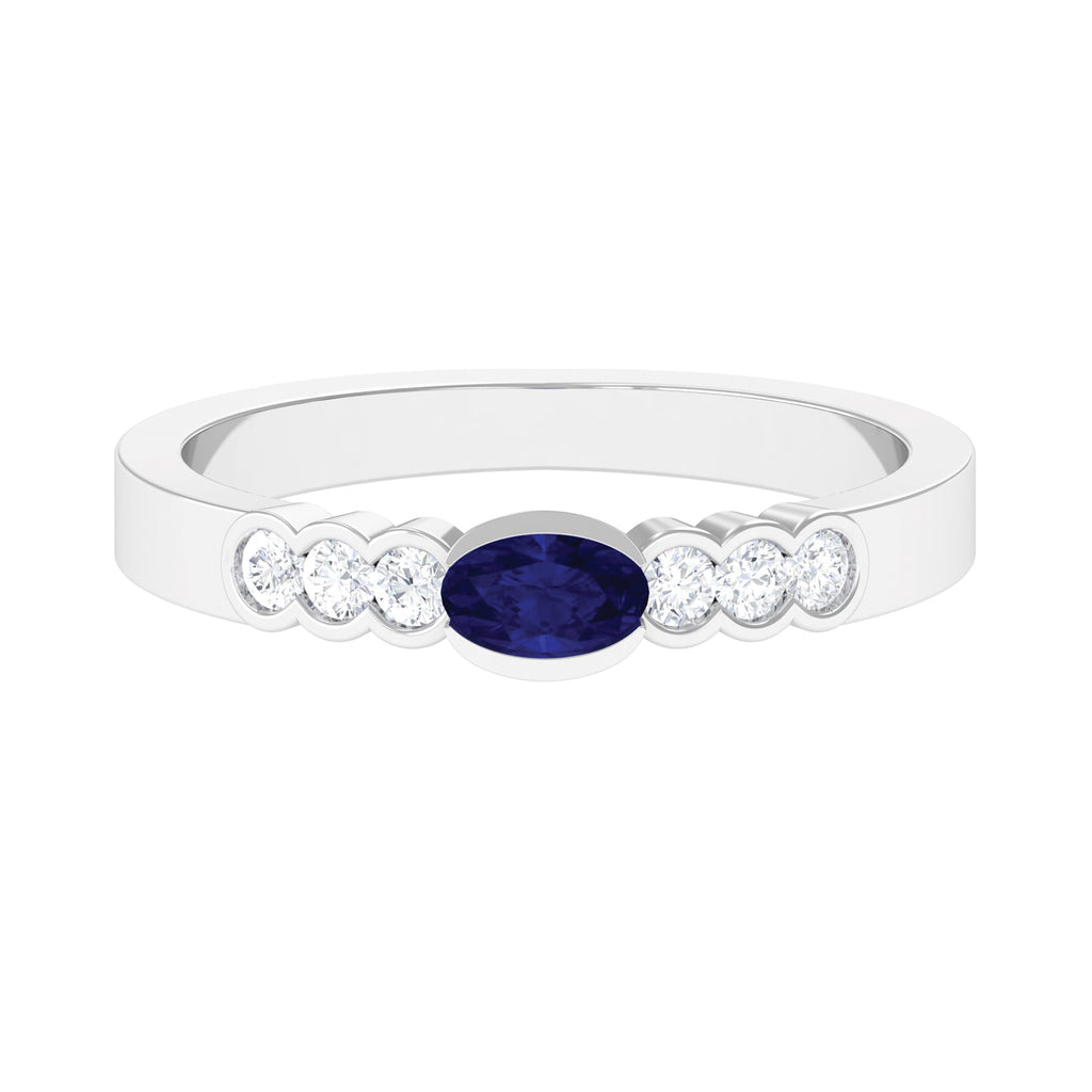 1/2 CT Oval Cut Blue Sapphire Solitaire Ring with Diamond Side Stones Blue Sapphire - ( AAA ) - Quality - Rosec Jewels