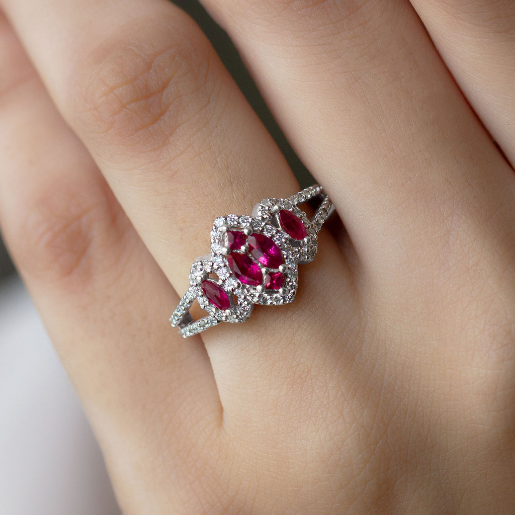Split Shank Lab Grown Ruby and Diamond Cluster Engagement Ring Lab Created Ruby - ( AAAA ) - Quality - Rosec Jewels