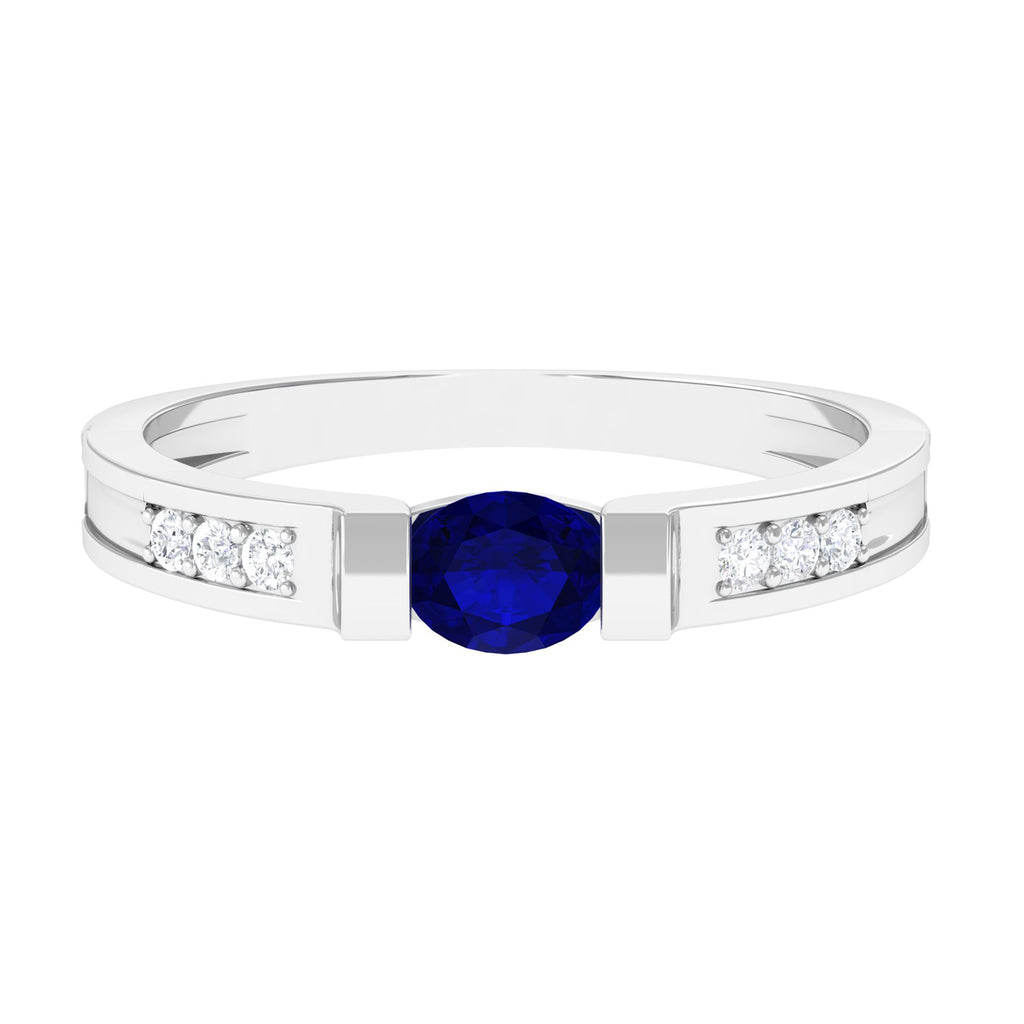 0.5 CT Oval Blue Sapphire East West Solitaire Ring with Diamond Blue Sapphire - ( AAA ) - Quality - Rosec Jewels