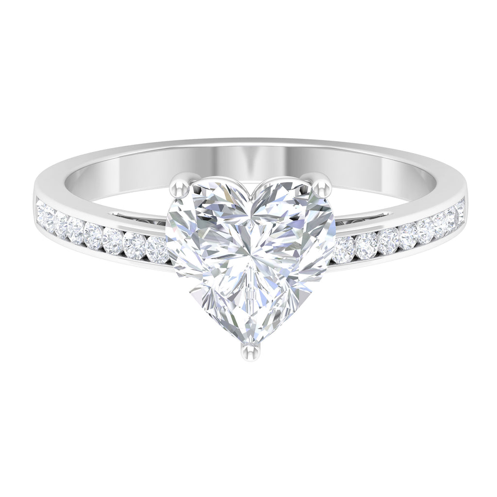 Heart Shape Certified Moissanite Solitaire Ring with Side Stones Moissanite - ( D-VS1 ) - Color and Clarity - Rosec Jewels
