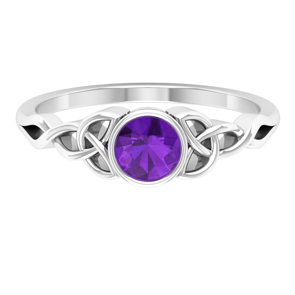 Bezel Set Round Shape Amethyst Solitaire Ring with Celtic Knot Amethyst - ( AAA ) - Quality - Rosec Jewels
