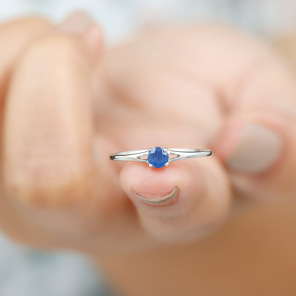 Round Solitaire Blue Sapphire Ring in Split Shank Blue Sapphire - ( AAA ) - Quality - Rosec Jewels