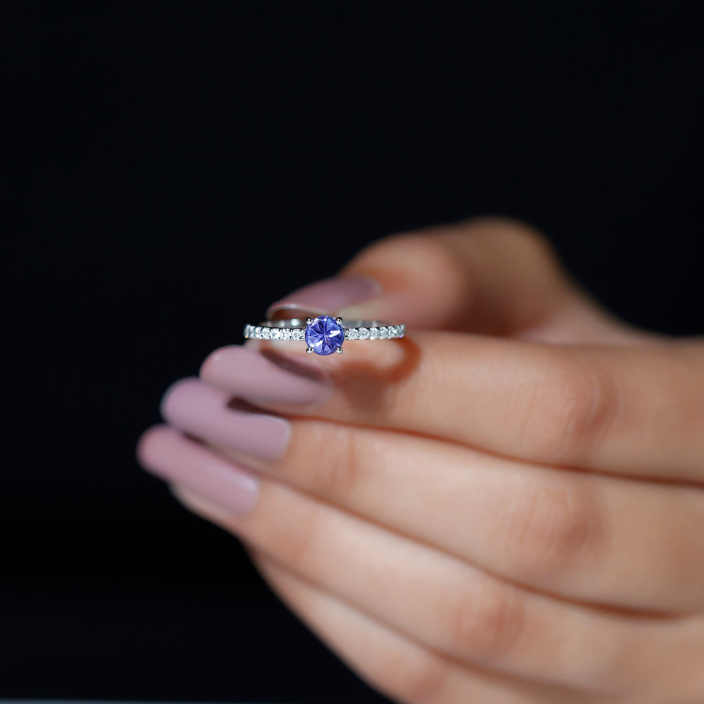 Round Tanzanite and Diamond Minimal Promise Ring Tanzanite - ( AAA ) - Quality - Rosec Jewels