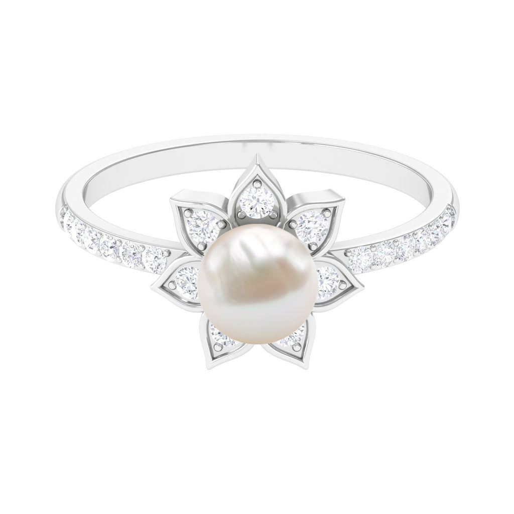 Freshwater Pearl Solitaire Floral Engagement Ring with Diamond Freshwater Pearl - ( AAA ) - Quality - Rosec Jewels