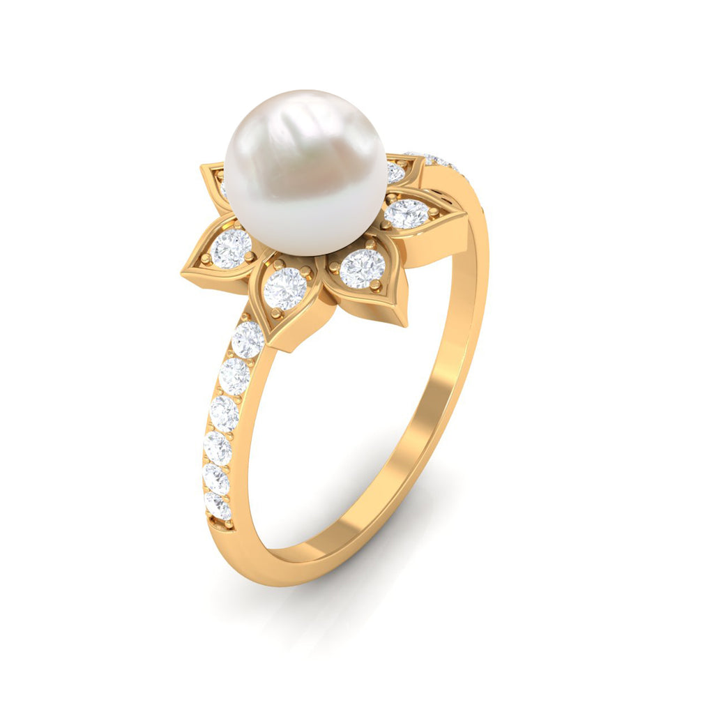 Freshwater Pearl Solitaire Floral Engagement Ring with Diamond Freshwater Pearl - ( AAA ) - Quality - Rosec Jewels