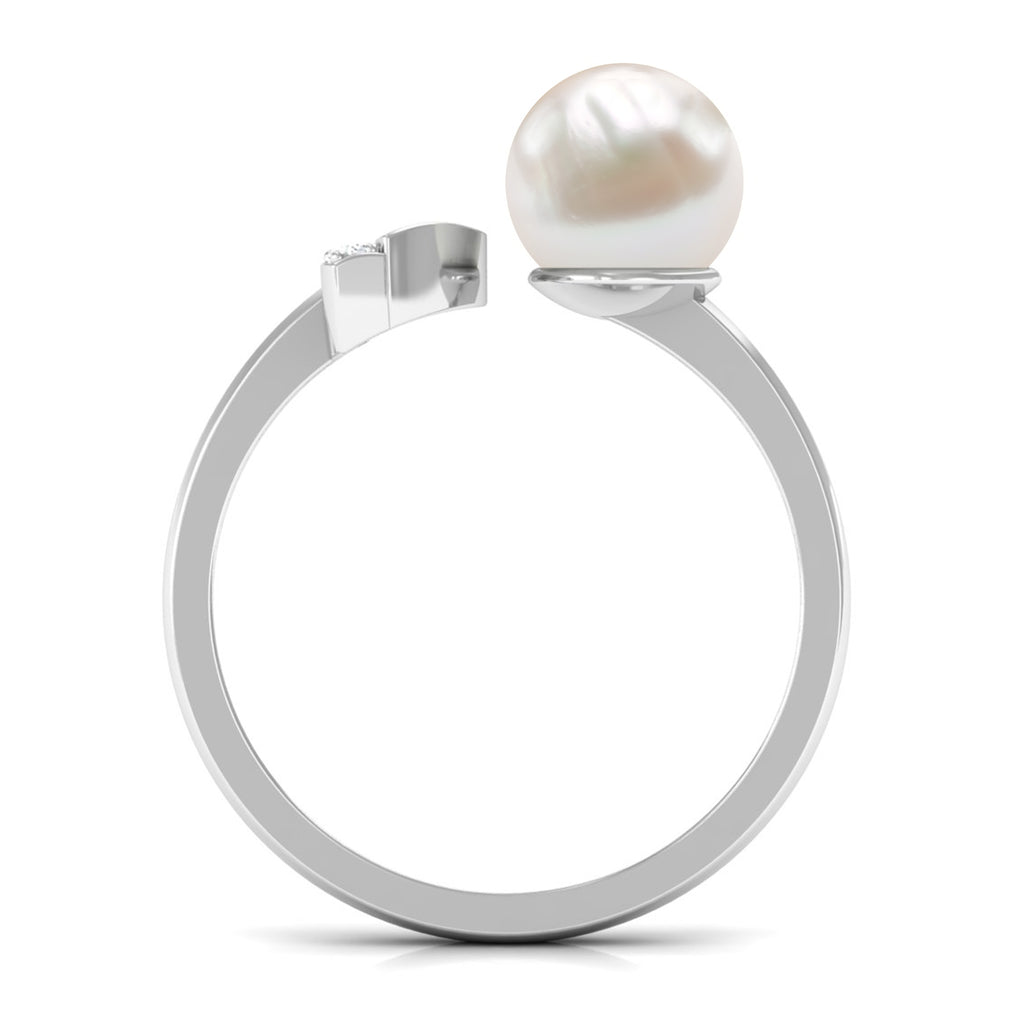 Round Freshwater Pearl Solitaire Cuff Ring with Diamond Freshwater Pearl - ( AAA ) - Quality - Rosec Jewels