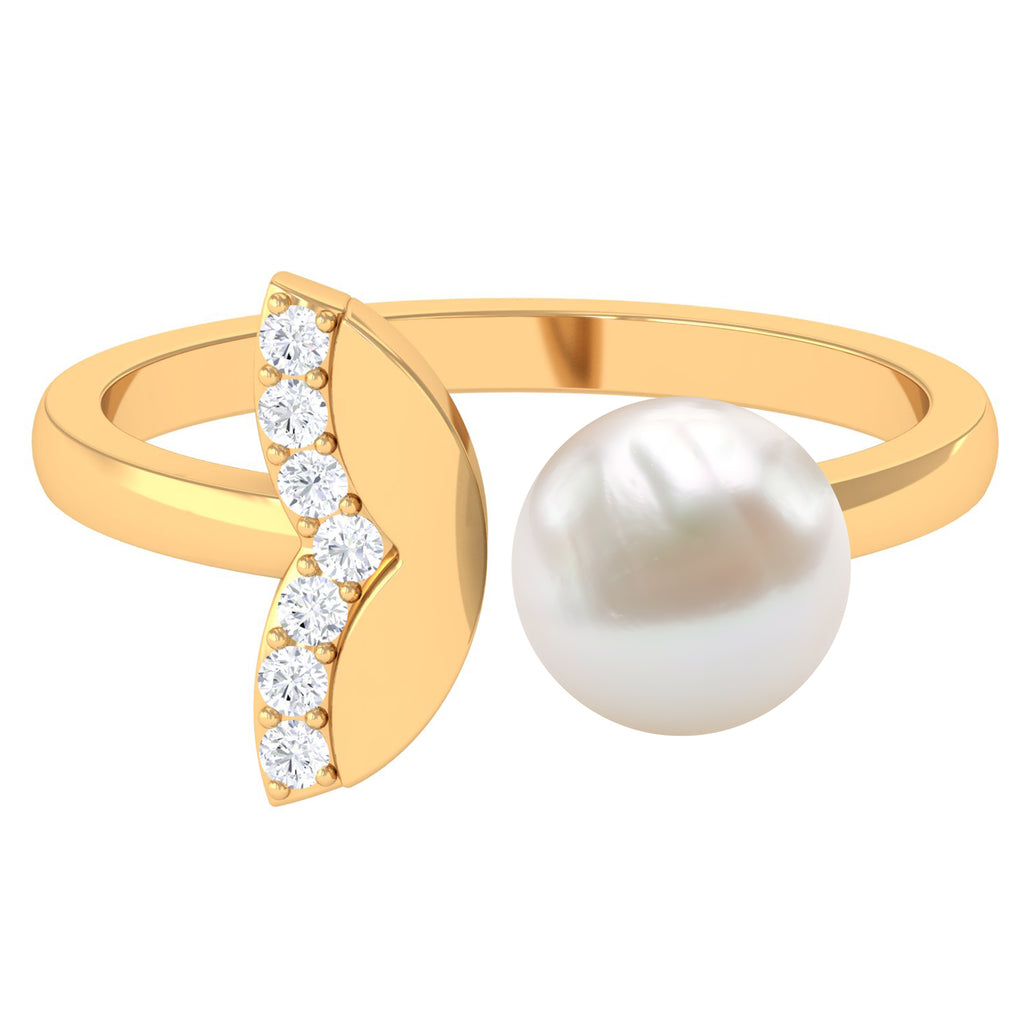 Round Freshwater Pearl Solitaire Cuff Ring with Diamond Freshwater Pearl - ( AAA ) - Quality - Rosec Jewels