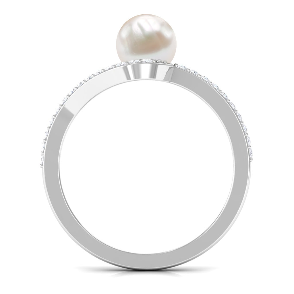 Pure Freshwater Pearl Minimal Bypass Engagement Ring with Diamond Freshwater Pearl - ( AAA ) - Quality - Rosec Jewels