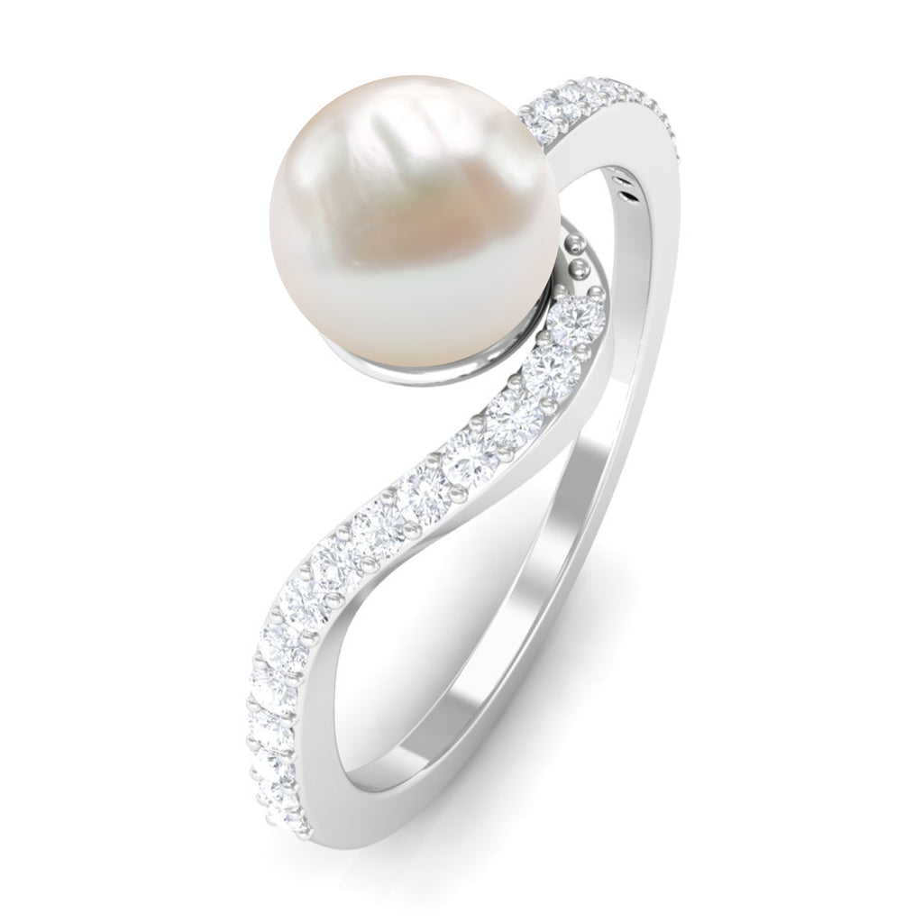 Pure Freshwater Pearl Minimal Bypass Engagement Ring with Diamond Freshwater Pearl - ( AAA ) - Quality - Rosec Jewels