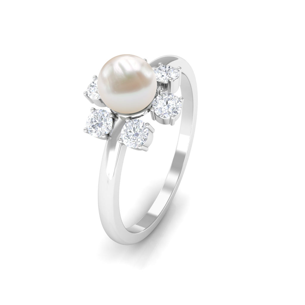Freshwater Pearl and Diamond Flower Engagement Ring Freshwater Pearl - ( AAA ) - Quality - Rosec Jewels