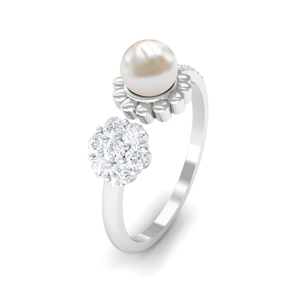 2.50 CT Freshwater Pearl and Diamond Flower Cuff Ring Freshwater Pearl - ( AAA ) - Quality - Rosec Jewels