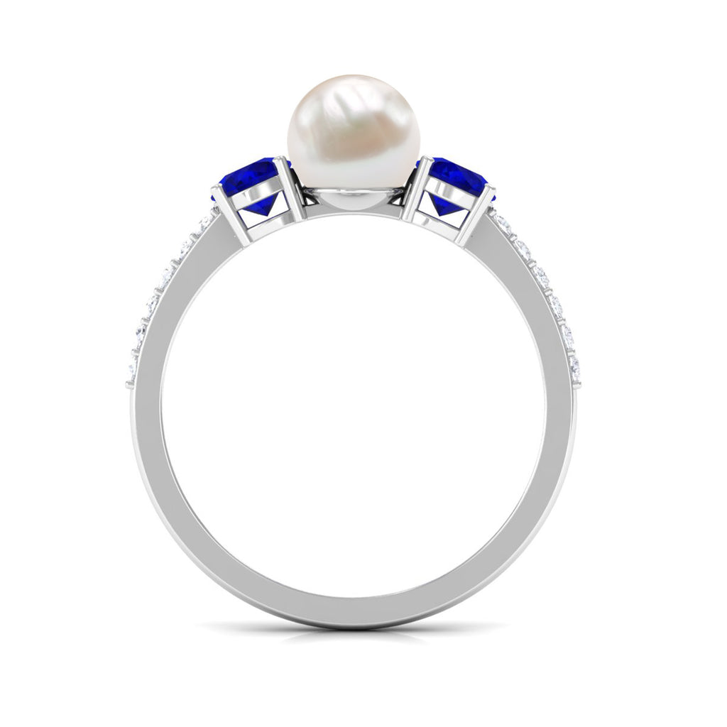 Pure Freshwater Pearl and Blue Sapphire Engagement Ring with Moissanite Freshwater Pearl - ( AAA ) - Quality - Rosec Jewels