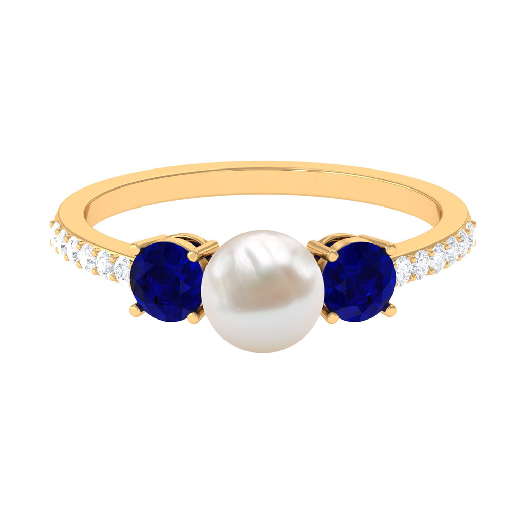 Pure Freshwater Pearl and Blue Sapphire Engagement Ring with Moissanite Freshwater Pearl - ( AAA ) - Quality - Rosec Jewels