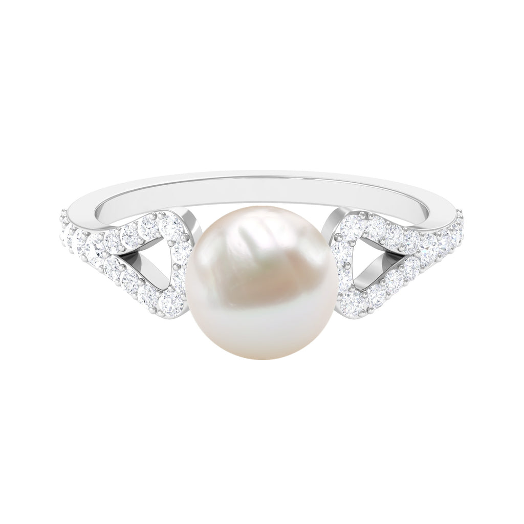Round Freshwater Pearl Solitaire Engagement Ring with Diamond Freshwater Pearl - ( AAA ) - Quality - Rosec Jewels