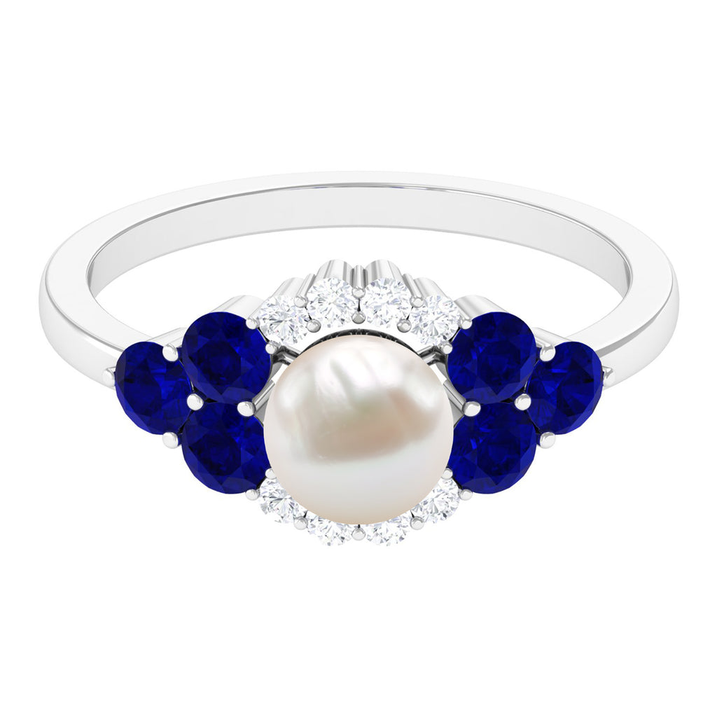 3.5 CT Freshwater Pearl Cocktail Ring with Blue Sapphire and Moissanite Freshwater Pearl - ( AAA ) - Quality - Rosec Jewels