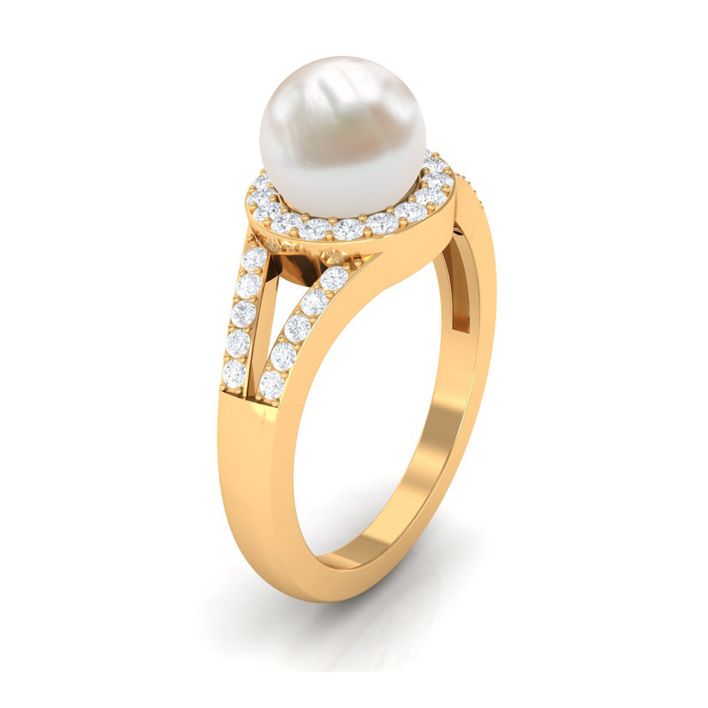 Split Shank Freshwater Pearl Engagement Ring with Diamond Halo Freshwater Pearl - ( AAA ) - Quality - Rosec Jewels