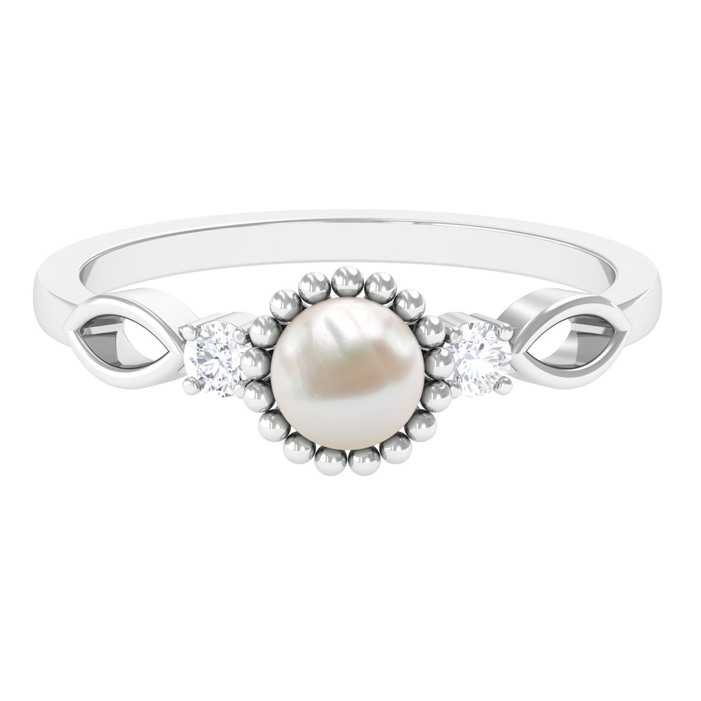 Round Freshwater Pearl Solitaire Ring with Diamond Freshwater Pearl - ( AAA ) - Quality - Rosec Jewels