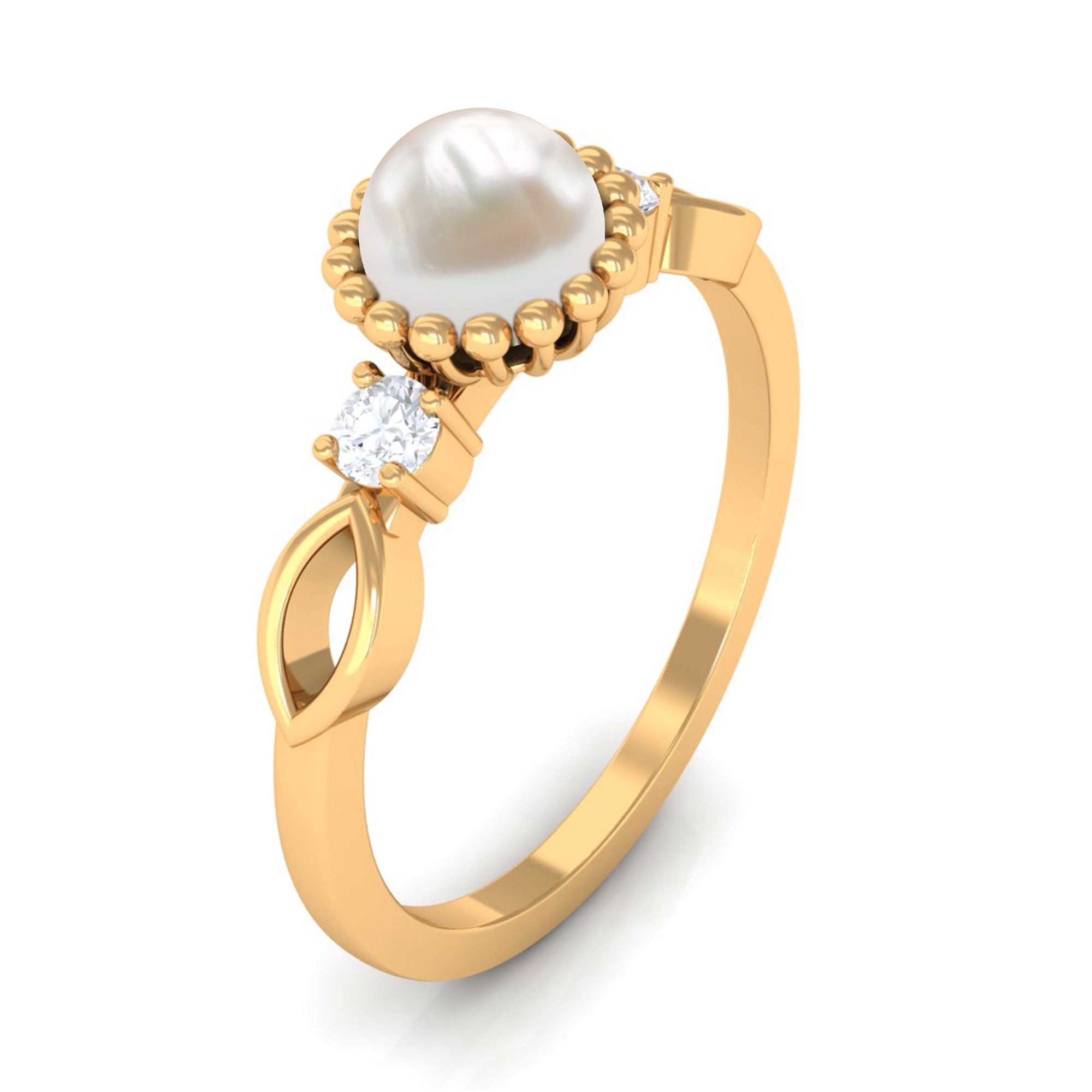 Round Freshwater Pearl Solitaire Ring with Diamond Freshwater Pearl - ( AAA ) - Quality - Rosec Jewels