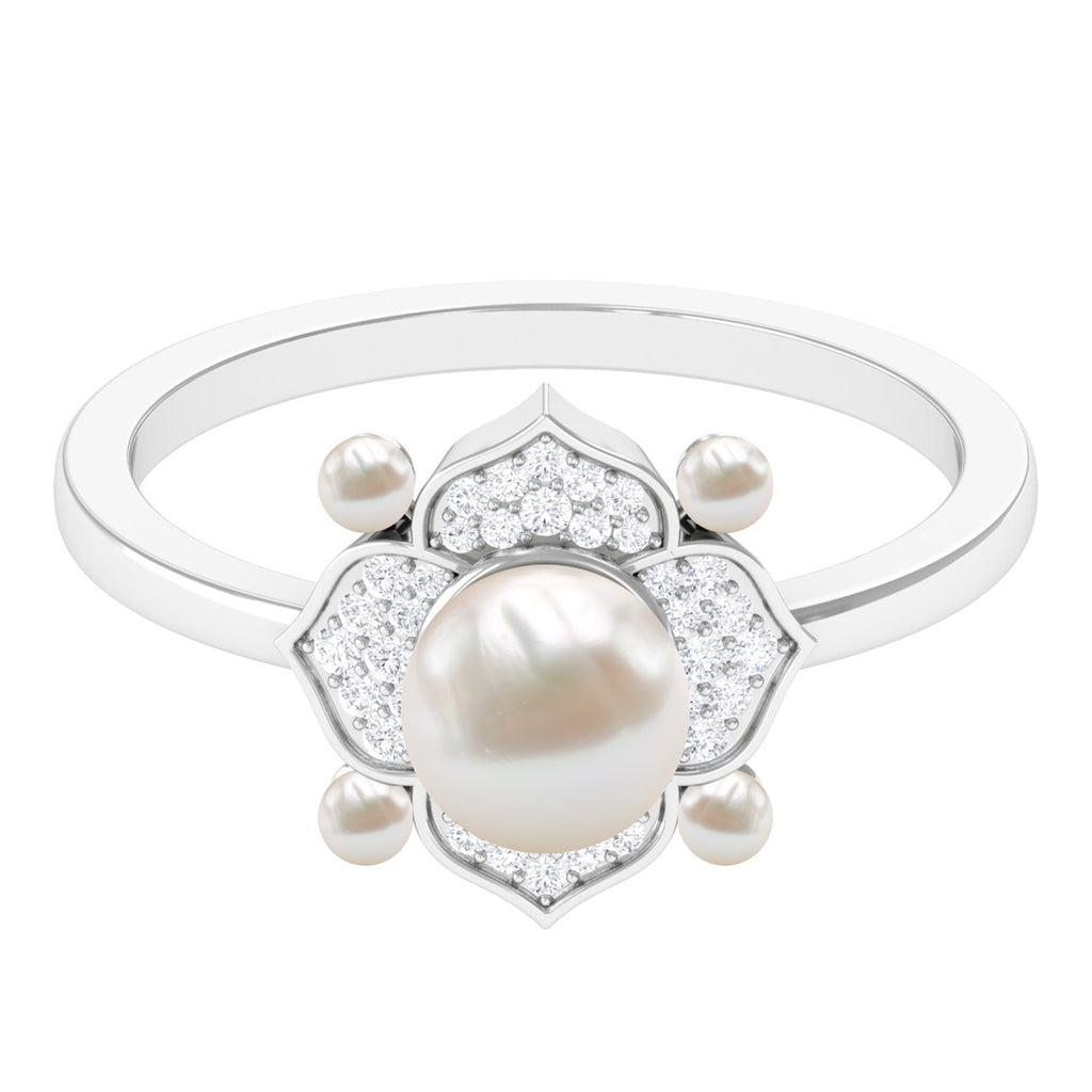 Freshwater Pearl Flower Engagement Ring with Diamond Freshwater Pearl - ( AAA ) - Quality - Rosec Jewels