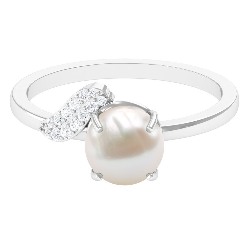 Classic Freshwater Pearl Solitaire Ring with Diamond Leaf Freshwater Pearl - ( AAA ) - Quality - Rosec Jewels