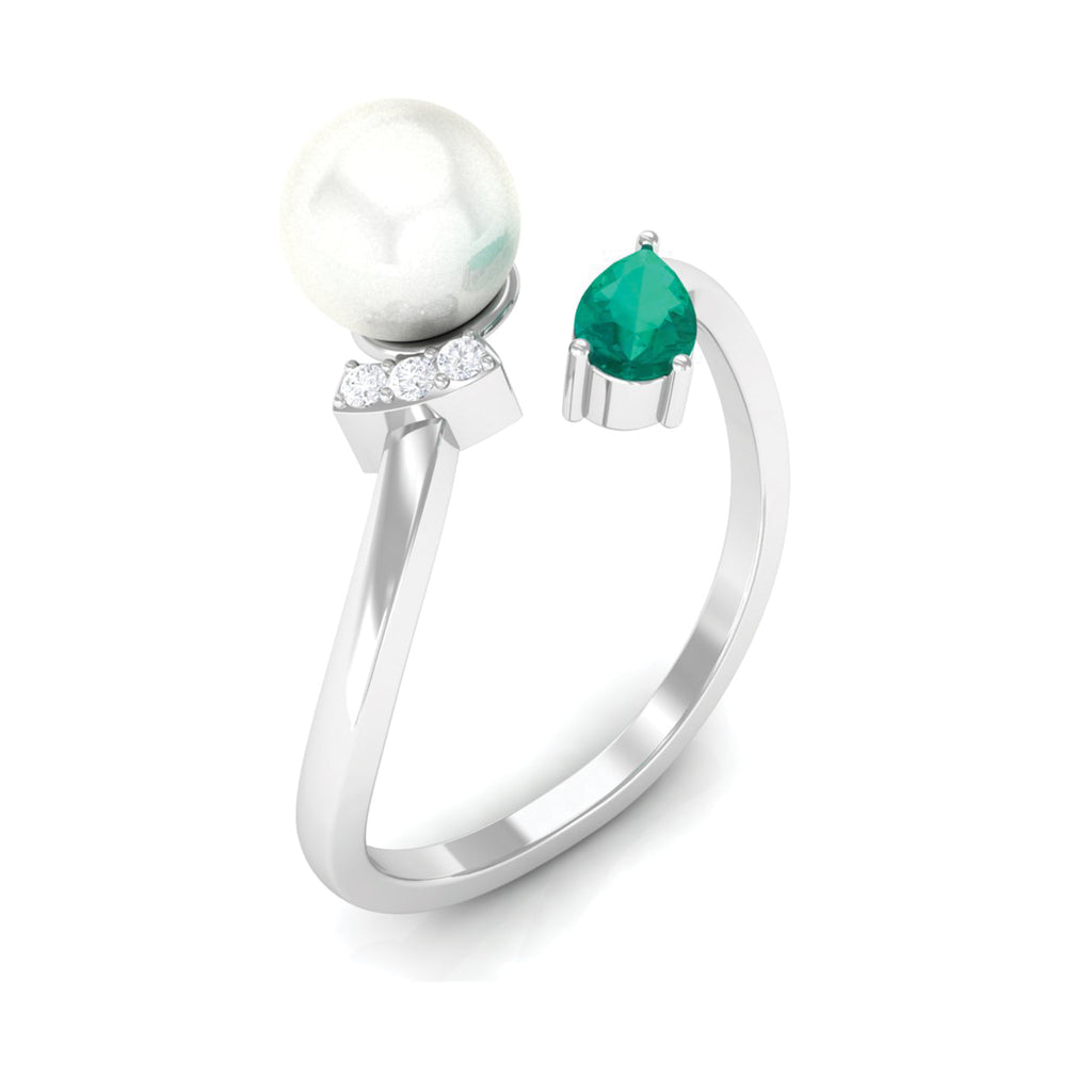 2.5 CT Freshwater Pearl Minimal Wrap Ring with Emerald and Moissanite Emerald - ( AAA ) - Quality - Rosec Jewels