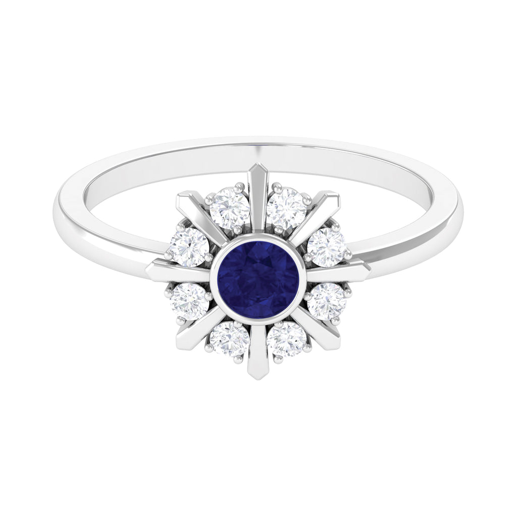 3/4 CT Bezel Set Blue Sapphire Statement Ring with Diamond Blue Sapphire - ( AAA ) - Quality - Rosec Jewels