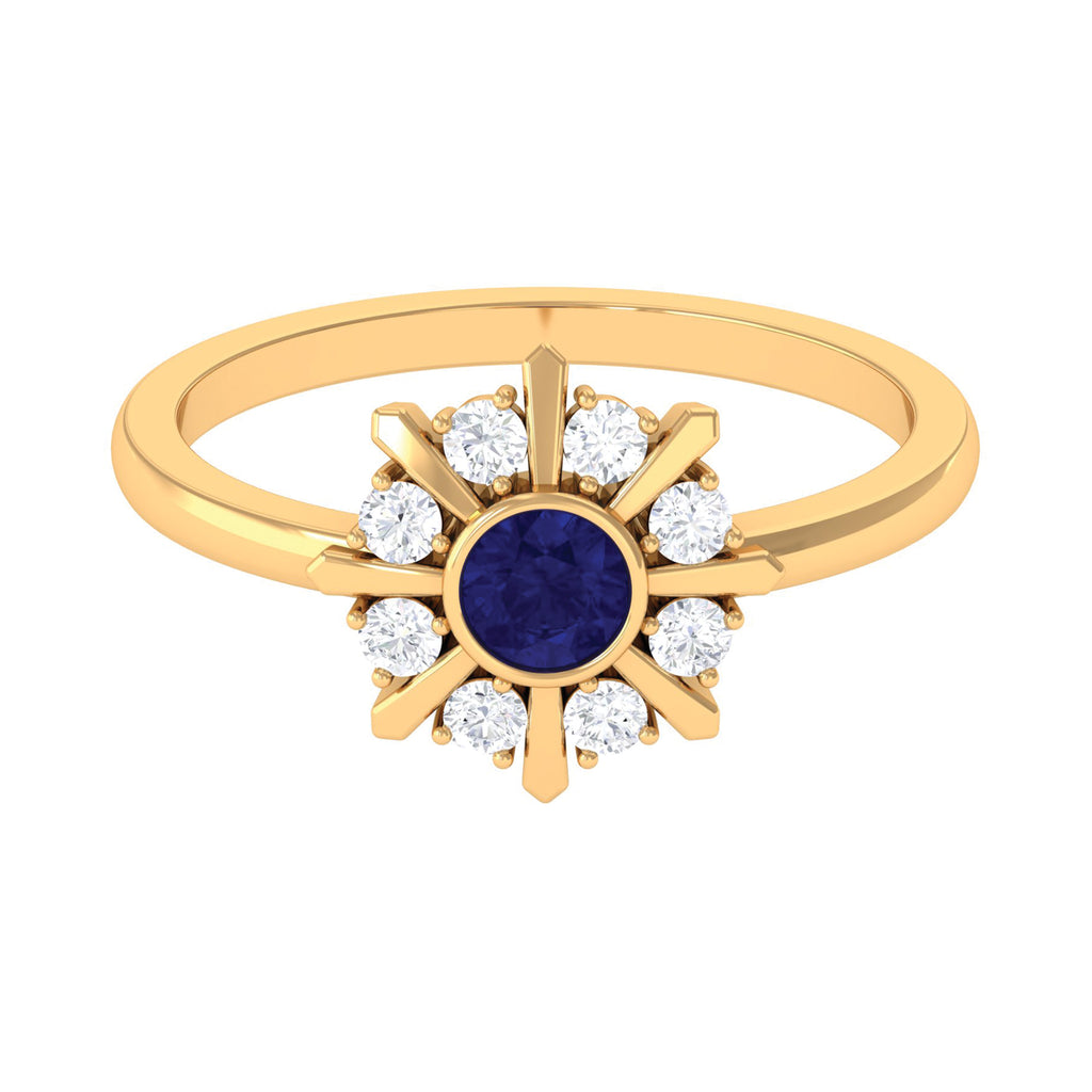 3/4 CT Bezel Set Blue Sapphire Statement Ring with Diamond Blue Sapphire - ( AAA ) - Quality - Rosec Jewels