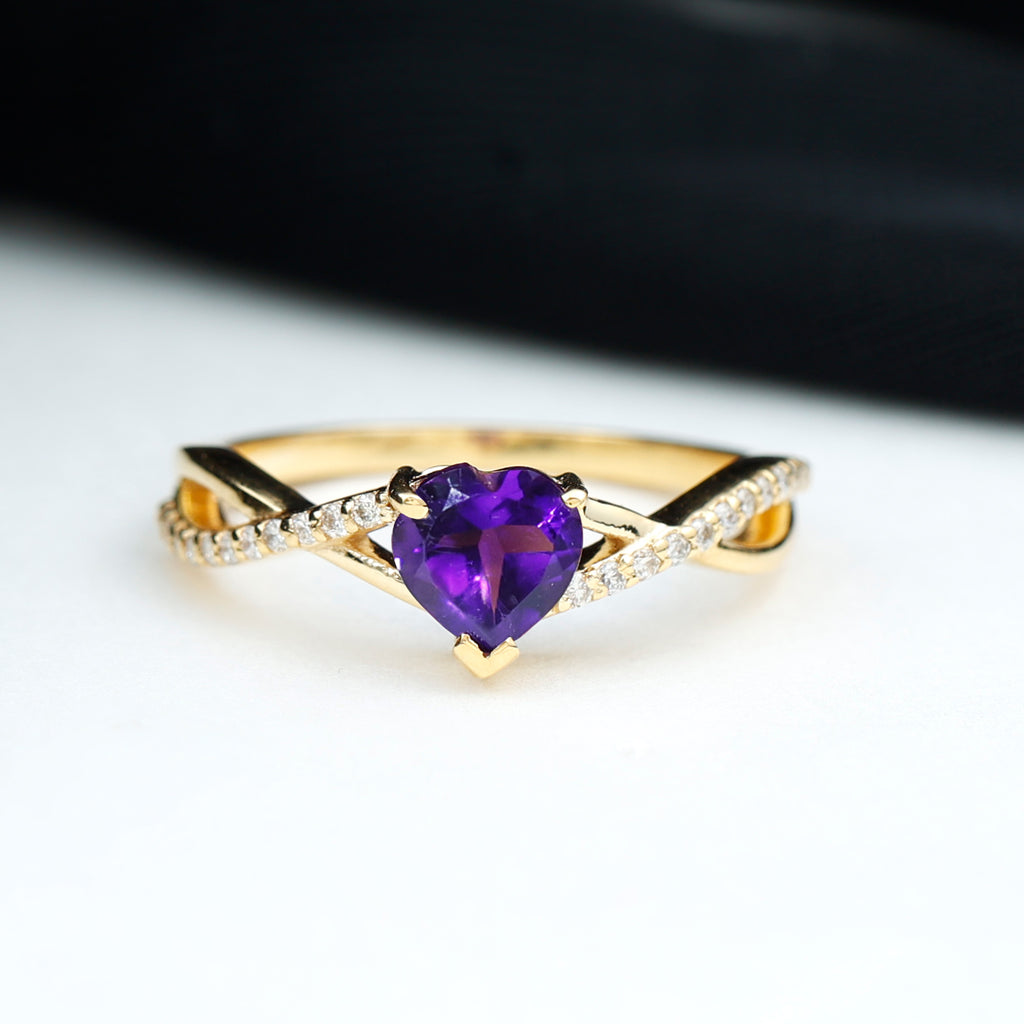 Heart Shape Amethyst Solitaire Crossover Ring with Diamond Amethyst - ( AAA ) - Quality - Rosec Jewels