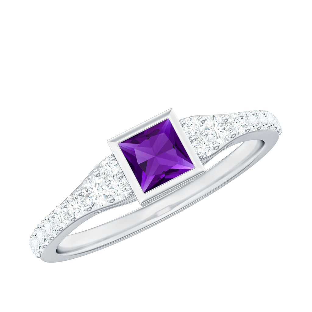 1 Carat Bezel Set Amethyst Solitaire Promise Ring with Diamond Amethyst - ( AAA ) - Quality - Rosec Jewels