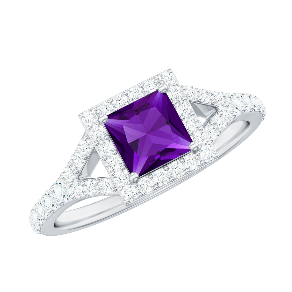 Amethyst Split Shank Halo Engagement Ring with Moissanite Amethyst - ( AAA ) - Quality - Rosec Jewels