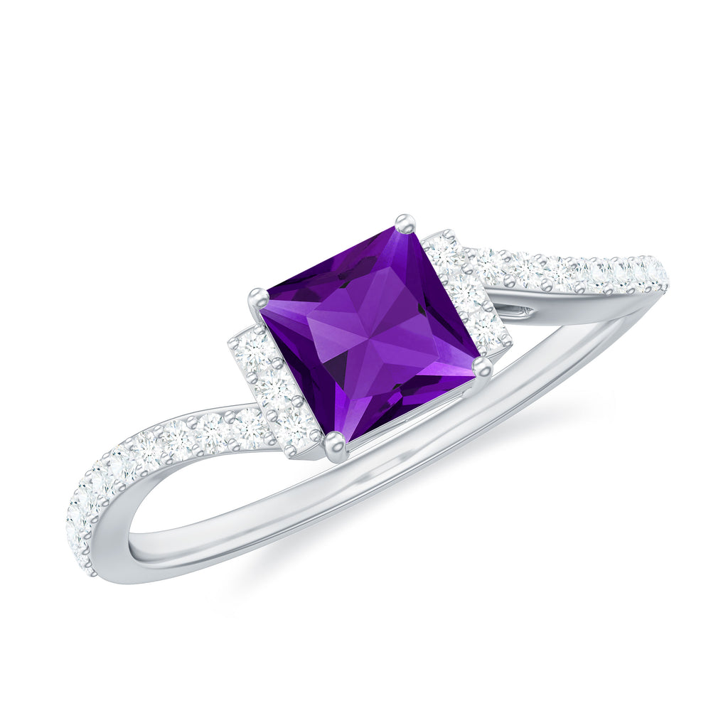 Princess Amethyst and Diamond Bypass Engagement Ring Amethyst - ( AAA ) - Quality - Rosec Jewels