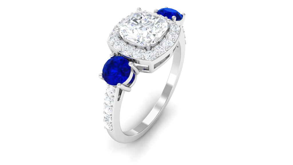 3 CT Cushion Cut Zircon and Lab Created Blue Sapphire Three Stone Ring Lab Created Blue Sapphire - ( AAAA ) - Quality - Rosec Jewels