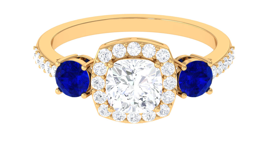 Moissanite Cushion Engagement Ring With Lab Grown Blue Sapphire Lab Created Blue Sapphire - ( AAAA ) - Quality - Rosec Jewels