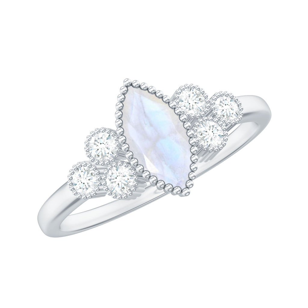 1/2 CT Marquise Moonstone Solitaire Ring with Diamond Trio Moonstone - ( AAA ) - Quality - Rosec Jewels