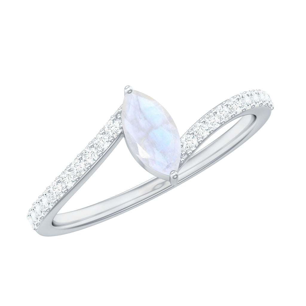 3/4 CT Marquise Cut Moonstone Minimal Solitaire Ring with Bypass Diamond Moonstone - ( AAA ) - Quality - Rosec Jewels