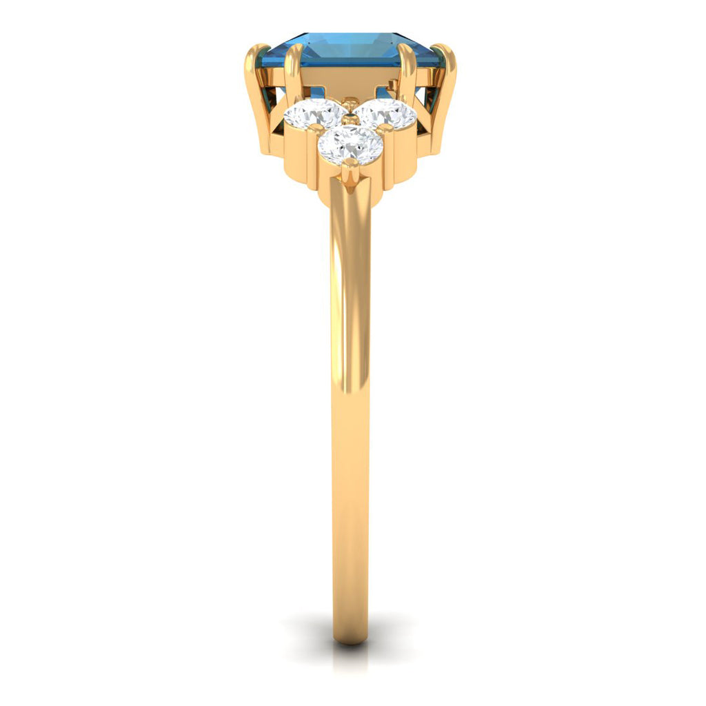 Asscher Cut London Blue Topaz Solitaire Ring with Diamond Trio London Blue Topaz - ( AAA ) - Quality - Rosec Jewels