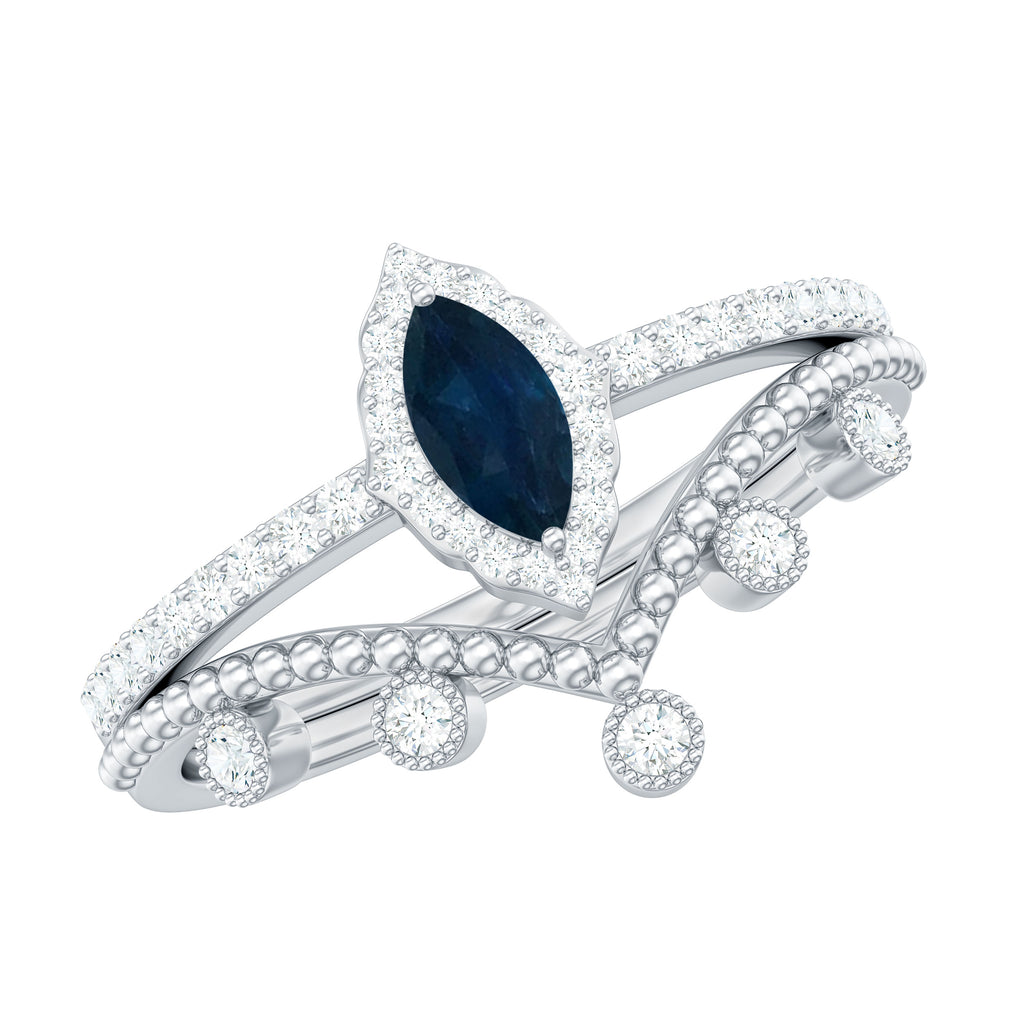 3/4 CT Certified Blue Sapphire Designer Ring Set with Diamond Chevron Band Blue Sapphire - ( AAA ) - Quality - Rosec Jewels