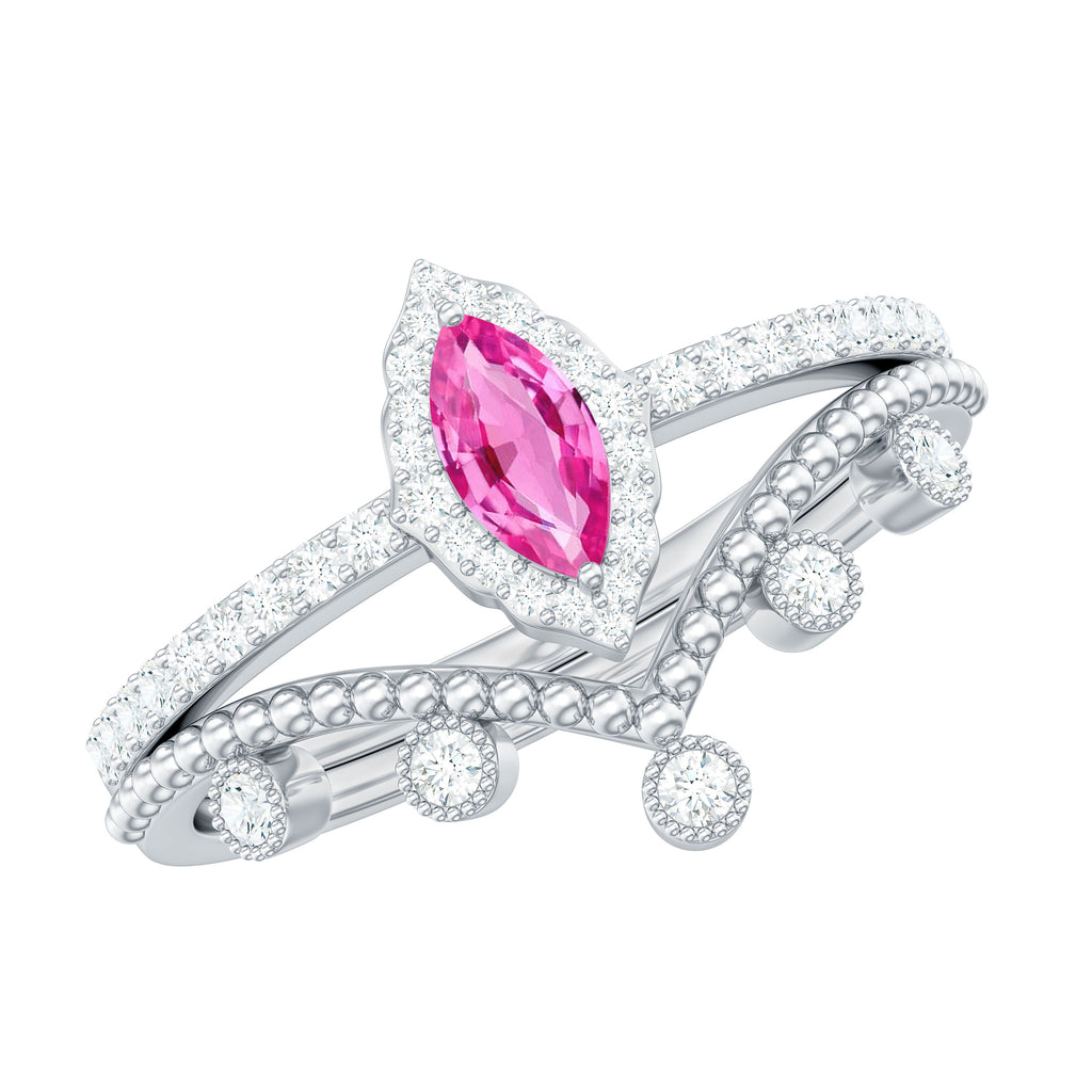 Designer Lab-Created Pink Sapphire Stackable Ring Set with Diamond Lab Created Pink Sapphire - ( AAAA ) - Quality - Rosec Jewels