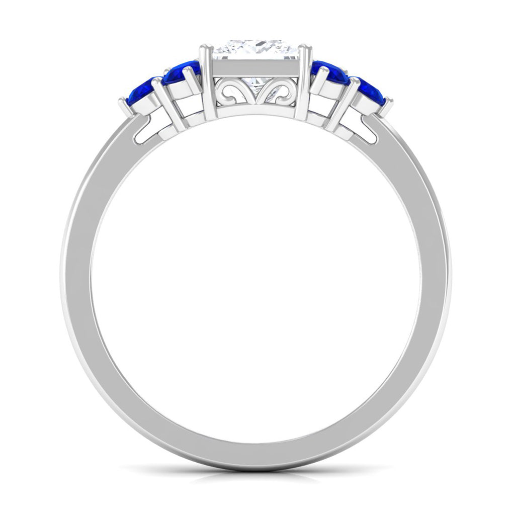 Moissanite Princess Cut Engagement Ring With Lab Grown Blue Sapphire Side Stone Zircon - ( AAAA ) - Quality - Rosec Jewels
