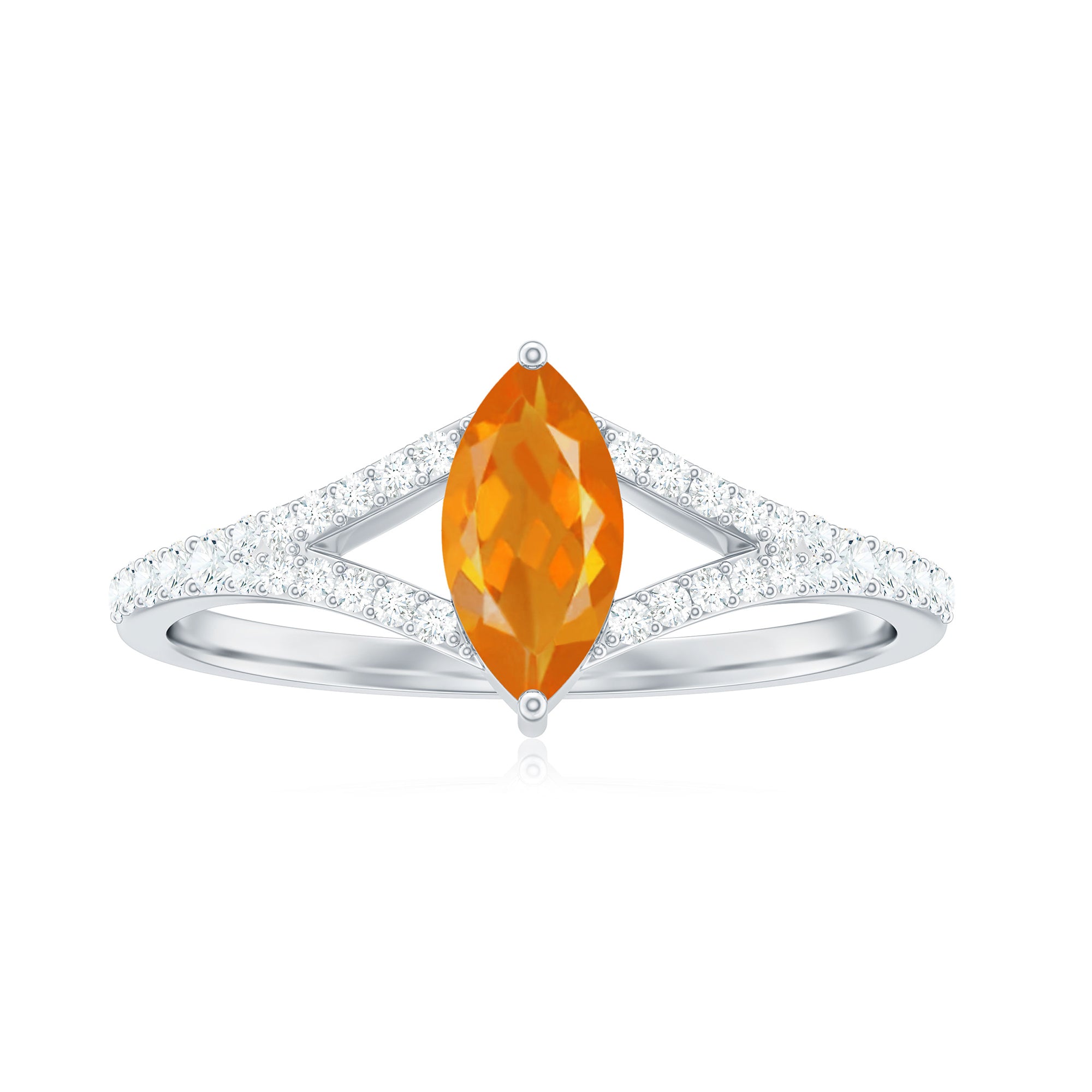 Marquise Fire Opal Split Shank Engagement Ring with Diamond Fire Opal - ( AAA ) - Quality - Rosec Jewels