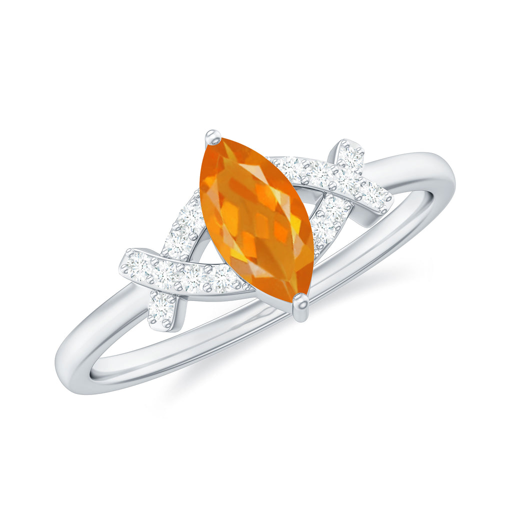 1/2 Carat Fire Opal Marquise Solitaire Ring with Diamond Fire Opal - ( AAA ) - Quality - Rosec Jewels