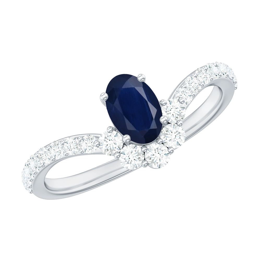1.25 CT Oval Cut Blue Sapphire and Diamond Chevron Ring Blue Sapphire - ( AAA ) - Quality - Rosec Jewels