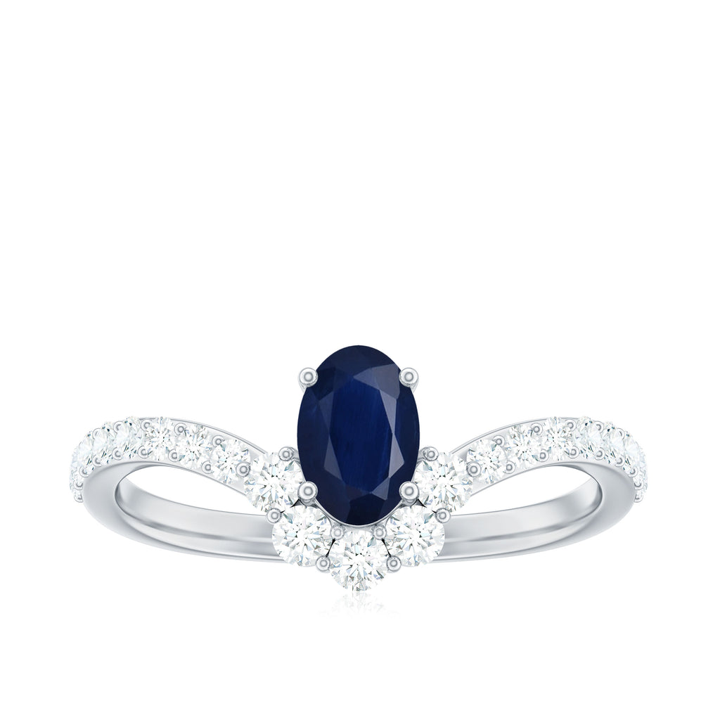 1.25 CT Oval Cut Blue Sapphire and Diamond Chevron Ring Blue Sapphire - ( AAA ) - Quality - Rosec Jewels