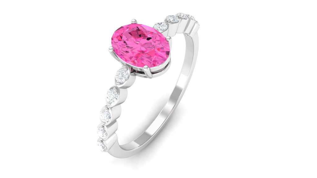 Solitaire Pink Sapphire Oval Engagement Ring with Diamond Pink Sapphire - ( AAA ) - Quality - Rosec Jewels