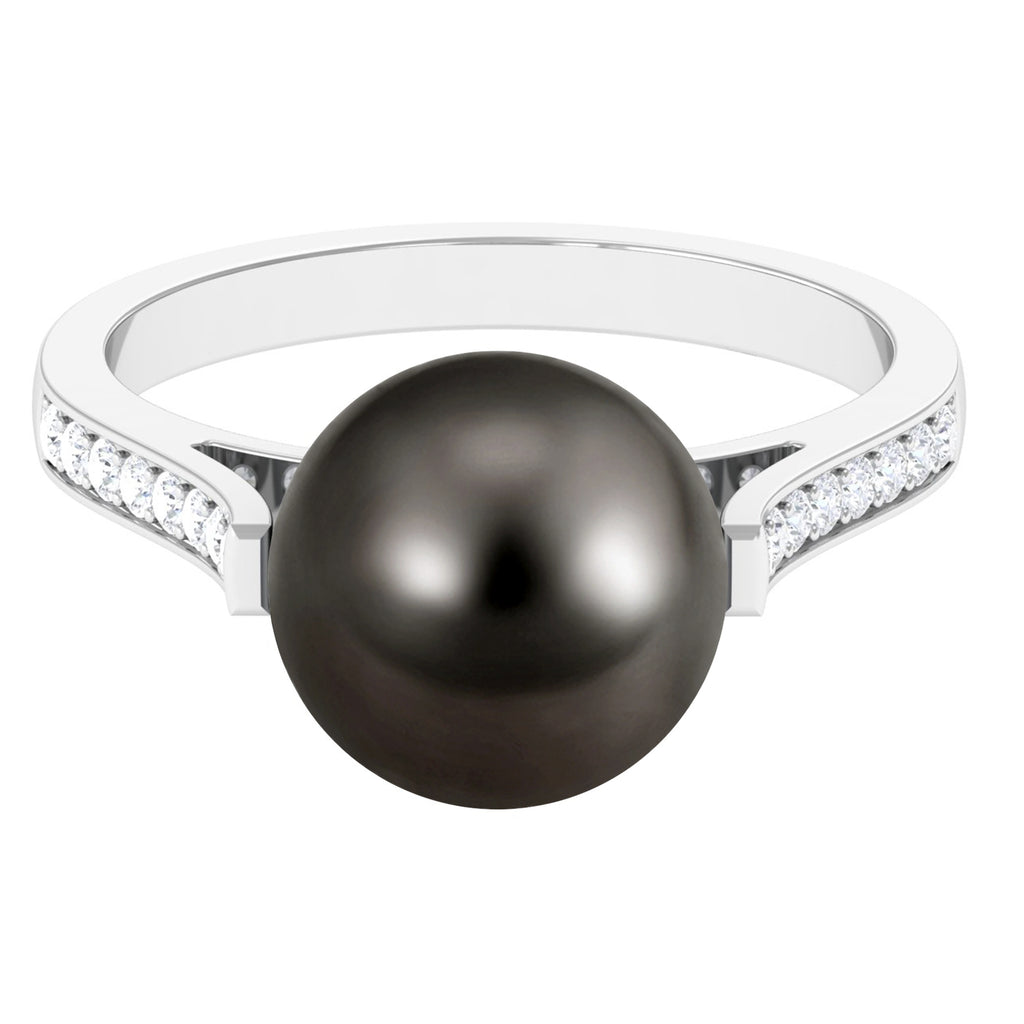 Real Tahitian Pearl Solitaire Engagement Ring with Diamond Tahitian pearl - ( AAA ) - Quality - Rosec Jewels