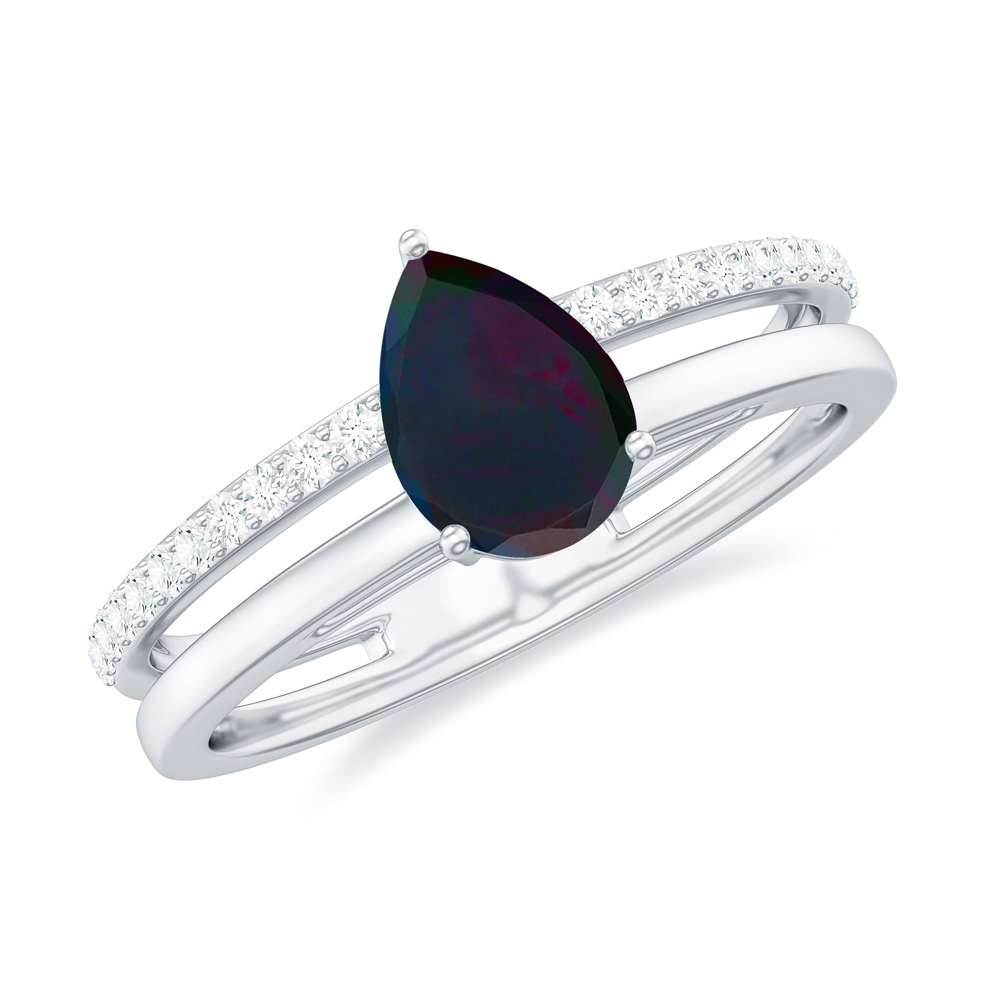 Pear Cut Black Opal and Diamond Double Band Engagement Ring Black Opal - ( AAA ) - Quality - Rosec Jewels