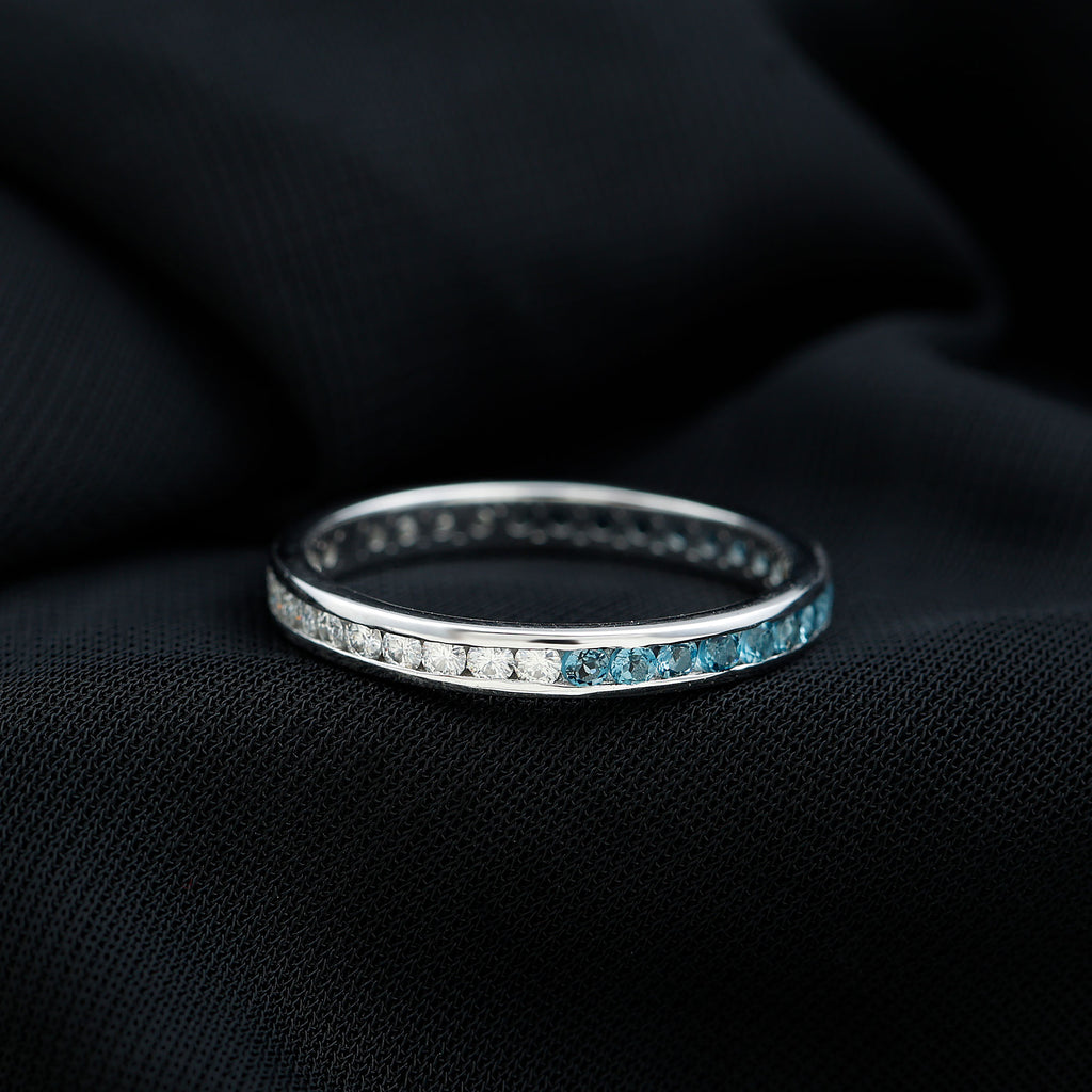 London Blue Topaz and Moissanite Eternity Ring in Channel Setting