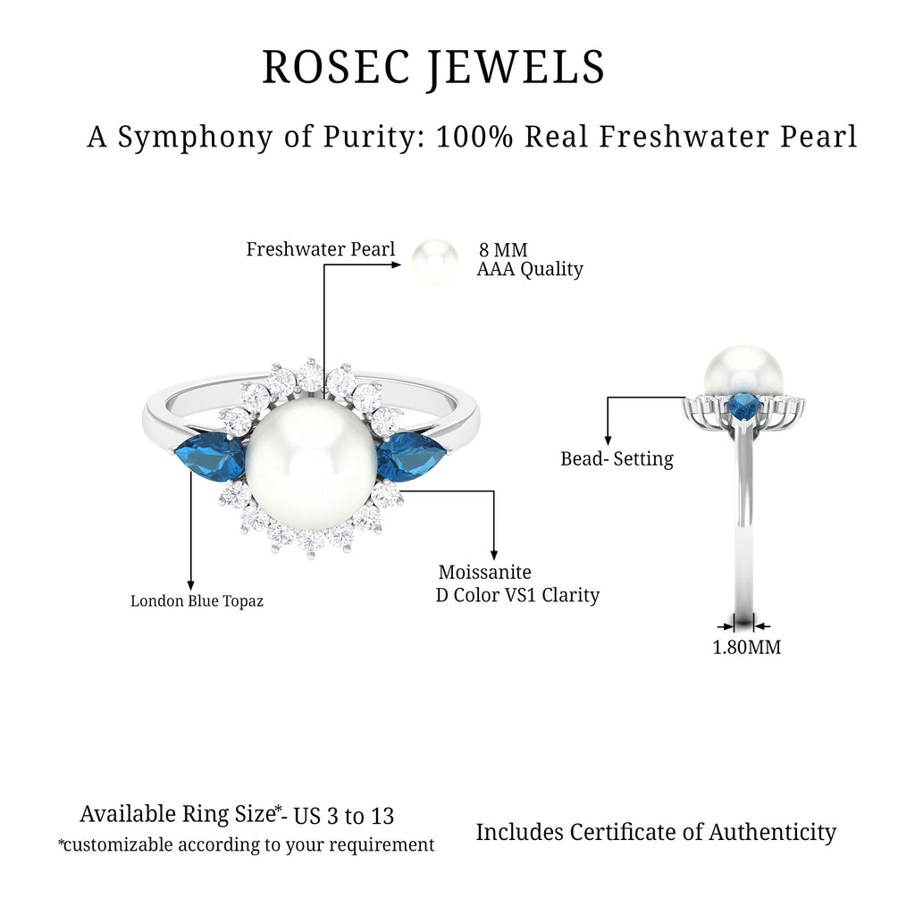 8.50 CT Freshwater Pearl Solitaire Ring with London Blue Topaz and Moissanite Halo Freshwater Pearl - ( AAA ) - Quality - Rosec Jewels